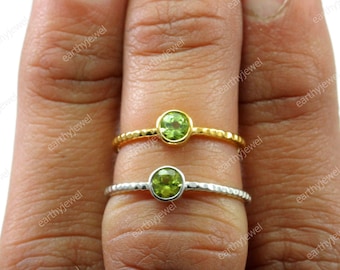 Peridot Sterling Silver Hammered Ring August Birthstone Gemstone Jewelry Wedding Anniversary - Valennite day Gift For Women C-R277