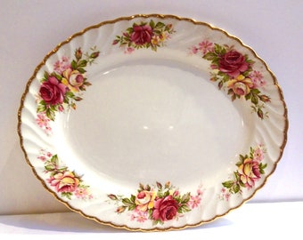 Meat Serving Plate 10.5 Inch Ashet Vintage Pretty Embossed Cream Crown Ducal Florentine Serving Plate with Pink Rose and Gilt Edging