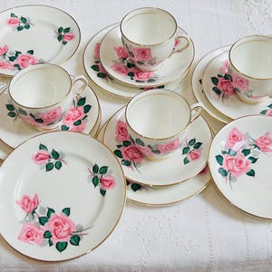 A set of 4  Pink Rose Teacup saucer trios by Clare China vintage English Afternoon Tea Party