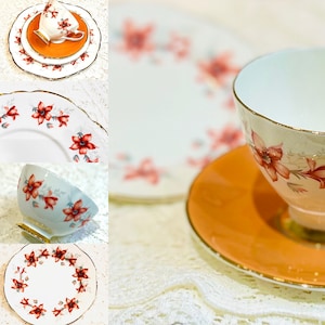 A pretty Vintage Tea set Teacups & Saucers for Afternoon Tea apricot flowers for 6 people fine bone china