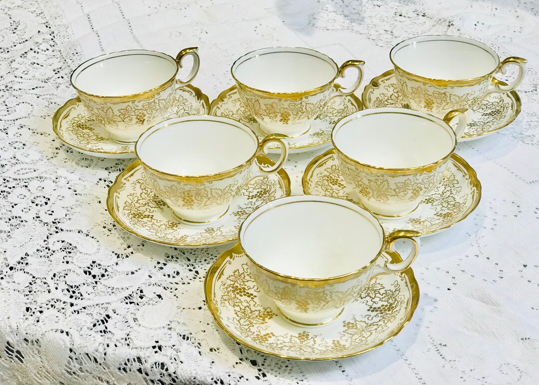 A Set of Six 6 Gold Teacups Saucers Pattern Gold Vine by Crown ...
