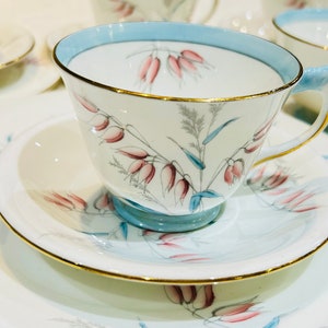 Pretty Aynsley China Teacup & Saucer Trio Set of Blue and pink botanical fronds English fine bone china for afternoon tea