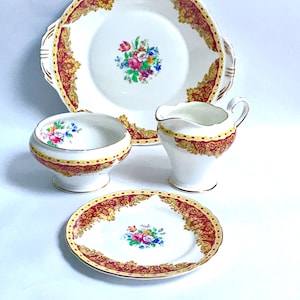 Aynsley English China Vintage Tea Set Replacements Red White flowers