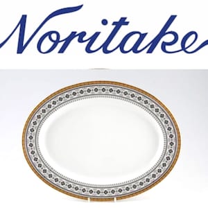 Noritake  Large Thanksgiving Christmas Dinner Turkey Meat Serving Plate Platter  White Black Gold scheherazade pattern.