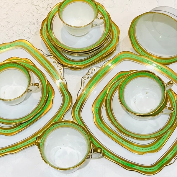 Green Art Deco Teacups & Saucers Tea Set by Roslyn China made in England vintage afternoon tea china gold trim