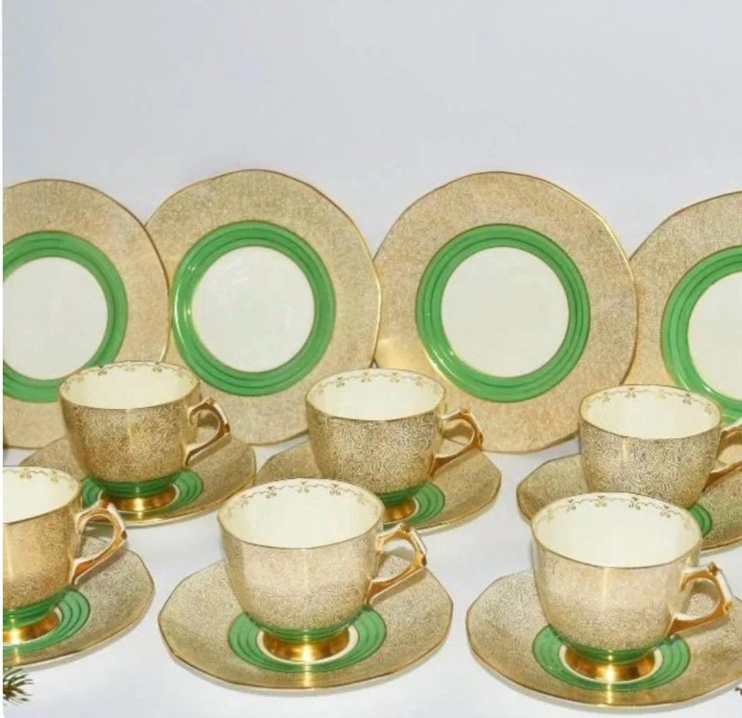 Photo inspiration: Gallery Detail: Rare Tuscan China Art Deco Tea Set Green Gold Teacups