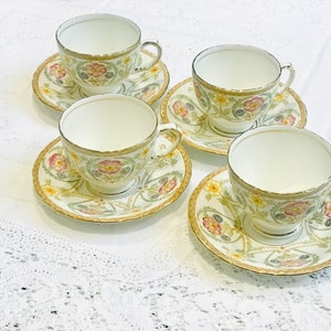 4 Cups & Saucers Vintage China Sutherland England Small Demitasse Art Nouveau design