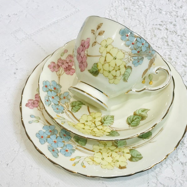 RARE  Tuscan China Teacup Saucer set  pink blue flowers vintage afternoon tea wedding china gift