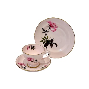 Tuscan China Pink Rose Teacup Saucer Trio Set Hand Painted Vintage Pink Afternoon Tea