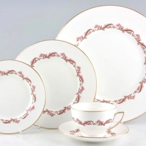 Minton Dinner Set Vintage Fine Bone China - White/Pink &quot;Laurentian&quot; Pattern - Replacement Plates/Bowls/Dishes