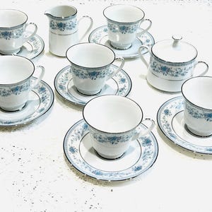 Noritake China Blue Hill pattern Tea Set.   Fine  bone china vintage replacements blue white flowers silver platinum edges.