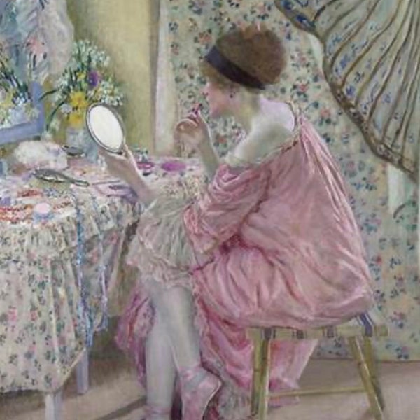 Vintage Wall Art Print  Impressionist Wall Art by American Artist Frieseke Lady wearing a pink dress and ballet shoes applying lipstick