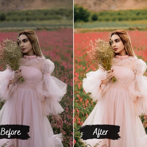 Puede incluir: Una mujer con un vestido de tul rosa se encuentra en un campo de flores rosas. Lleva un ramo de flores blancas y mira hacia un lado. La imagen est&aacute; dividida en dos secciones, la parte izquierda muestra la imagen original y la parte derecha muestra la imagen editada. El texto "Antes" est&aacute; escrito en la parte izquierda y "Despu&eacute;s" est&aacute; escrito en la parte derecha.