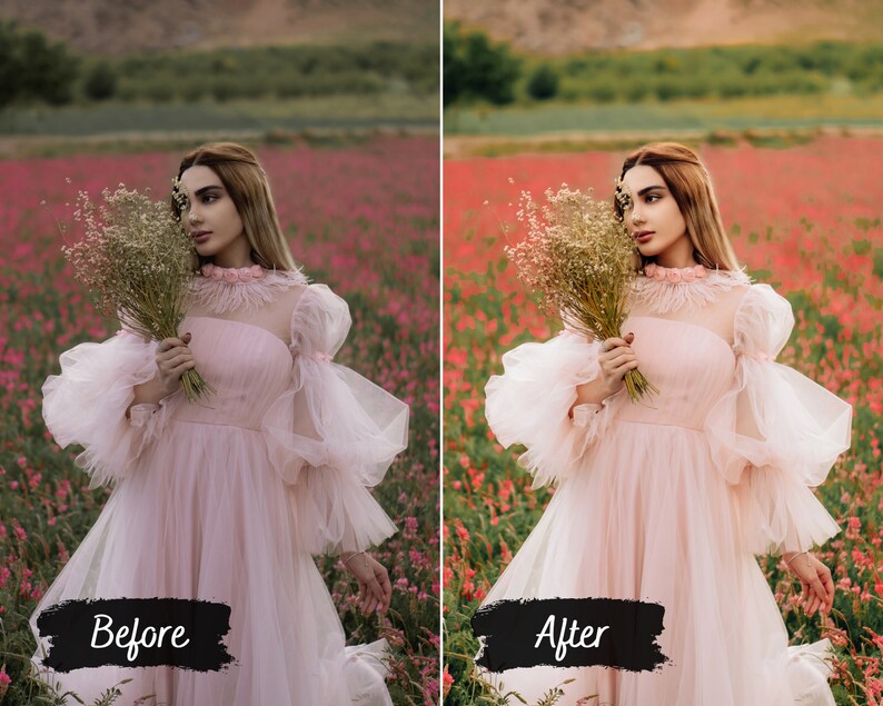 Puede incluir: Una mujer con un vestido de tul rosa se encuentra en un campo de flores rosas. Lleva un ramo de flores blancas y mira hacia un lado. La imagen est&aacute; dividida en dos secciones, la parte izquierda muestra la imagen original y la parte derecha muestra la imagen editada. El texto "Antes" est&aacute; escrito en la parte izquierda y "Despu&eacute;s" est&aacute; escrito en la parte derecha.