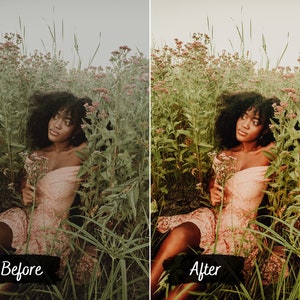 Puede incluir: Una mujer con cabello oscuro y rizado lleva un vestido de encaje rosa y posa en un campo de flores silvestres. La imagen est&aacute; dividida en dos secciones, con el lado izquierdo mostrando la imagen original y el lado derecho mostrando la imagen editada.