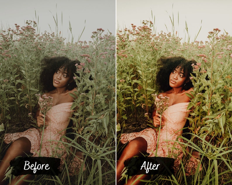 Puede incluir: Una mujer con cabello oscuro y rizado lleva un vestido de encaje rosa y posa en un campo de flores silvestres. La imagen est&aacute; dividida en dos secciones, con el lado izquierdo mostrando la imagen original y el lado derecho mostrando la imagen editada.
