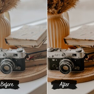 May include: A vintage silver camera with a black lens sits on a wooden surface next to a stack of old books. The camera has the text "FED 3" on the front. The image shows the difference between a before and after photo edit.
