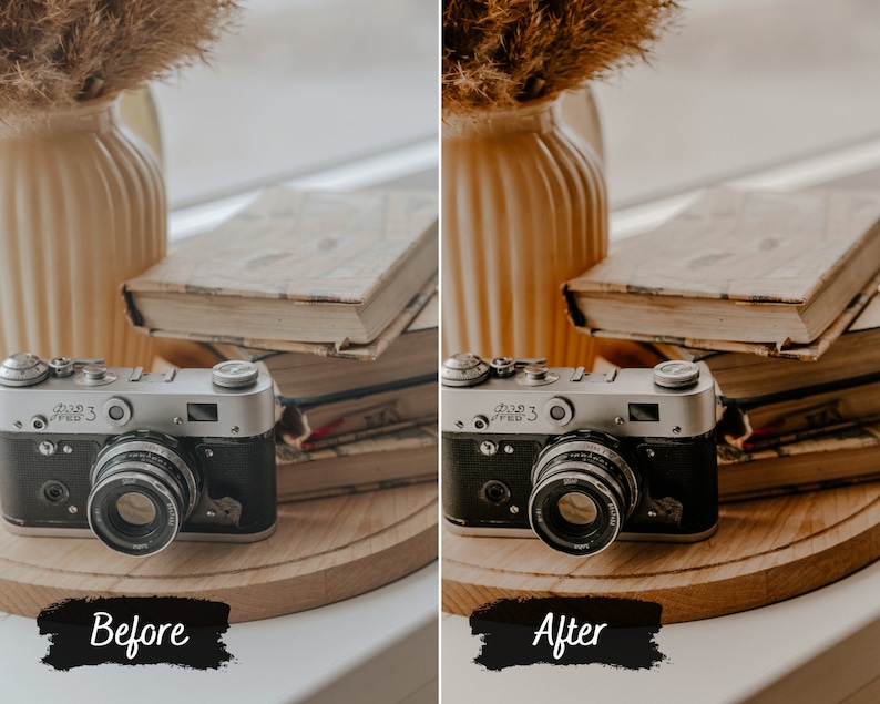 May include: A vintage silver camera with a black lens sits on a wooden surface next to a stack of old books. The camera has the text "FED 3" on the front. The image shows the difference between a before and after photo edit.