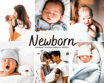 May include: A collage of images featuring newborns in various poses. The images are soft and warm toned, with a focus on the babies' faces. The text "Newborn" and "@PRESET DESIGN MOBILE PRESET" is included in the image.
