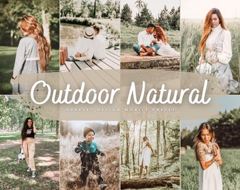 May include: A collage of eight images with a warm, natural aesthetic. The images feature people in outdoor settings, with soft lighting and muted tones. The text "Outdoor Natural" is displayed in a cursive font, with the text "@PRESET DESIGN MOBILE PRESET" below it.