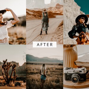 May include: A collage of images featuring people wearing hats and clothing in a desert landscape. The images are split into a 3x3 grid. The top row features a woman wearing a white hat and a long dress, a woman wearing a white hat and a white top, and a woman wearing a black hat and a black jacket. The middle row features the word "AFTER" in white text on a black background. The bottom row features a woman wearing a white hat and a white top, a woman wearing a white hat and a white top, and a camera on a wooden surface.