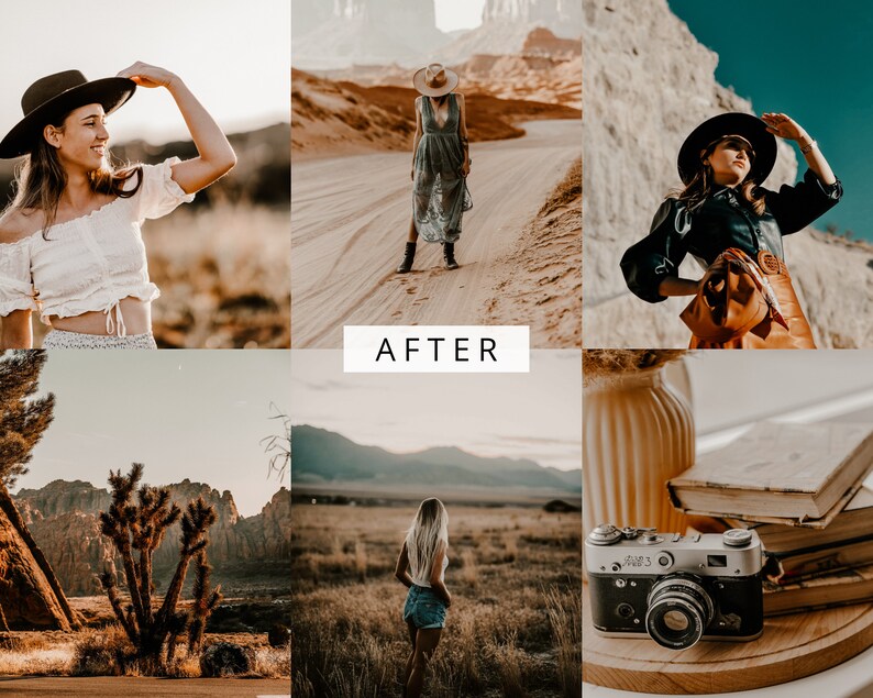 May include: A collage of images featuring people wearing hats and clothing in a desert landscape. The images are split into a 3x3 grid. The top row features a woman wearing a white hat and a long dress, a woman wearing a white hat and a white top, and a woman wearing a black hat and a black jacket. The middle row features the word "AFTER" in white text on a black background. The bottom row features a woman wearing a white hat and a white top, a woman wearing a white hat and a white top, and a camera on a wooden surface.