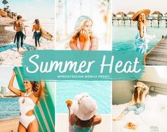 May include: A collage of images with a summer theme. The text "Summer Heat" is displayed on a teal background. The images include people at the beach, in the water, and on a pier. One image shows a person holding a surfboard.