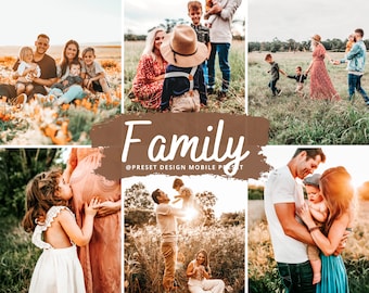 May include: A collage of family photos in a warm, golden color palette. The images feature families in outdoor settings, including fields and gardens. The word "Family" is displayed in a brown brushstroke design, with text below that reads "@PRESET DESIGN MOBILE PRESET".