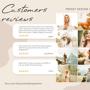 Puede incluir: Un collage de fotos que muestran los resultados de usar filtros preestablecidos para la fotograf&iacute;a digital. Las fotos presentan una variedad de temas, incluyendo personas, paisajes y animales. El texto "Customers reviews" est&aacute; en la parte superior de la imagen, seguido de tres rese&ntilde;as de clientes con calificaciones de cinco estrellas. El texto "Etsy.com/shop/presetdesignphoto" est&aacute; en la parte inferior de la imagen.