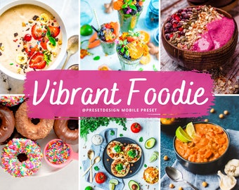 Puede incluir: Un collage de fotos de comida vibrantes con el texto "Vibrant Foodie @presetdesign Mobile Preset" en el medio. Las fotos incluyen un tazón de acai con granola y bayas, un tazón de batido con fruta y granola, un tazón de curry, donas con chispas y un plato de tacos.