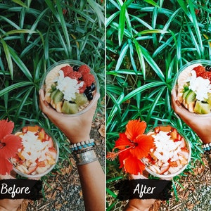 May include: Two acai bowls with fresh fruit, coconut flakes, and granola. The bowls are held by hands wearing bracelets. The bowls are in front of a green leafy background.