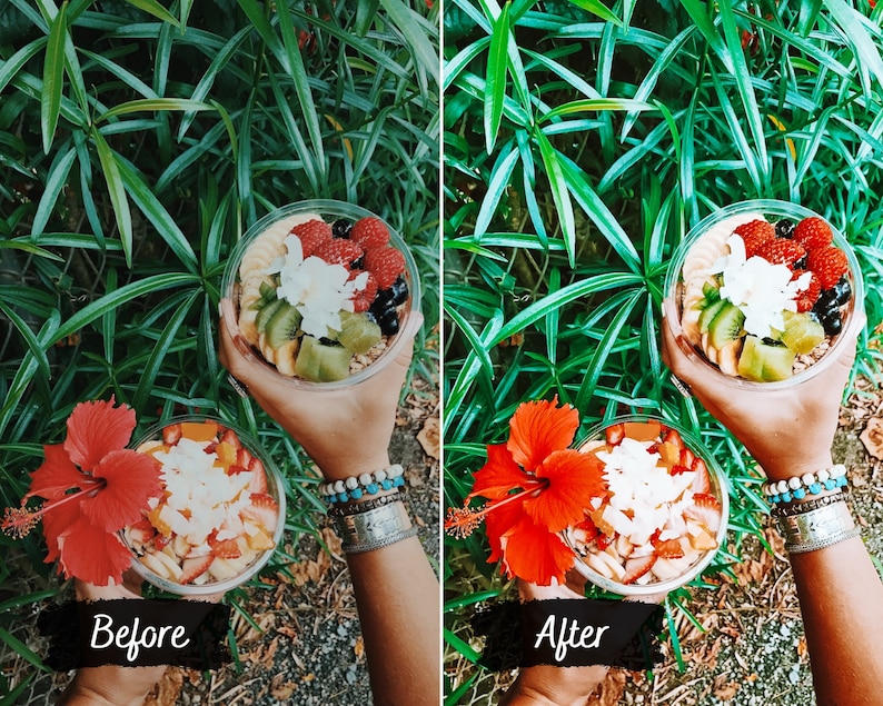 May include: Two acai bowls with fresh fruit, coconut flakes, and granola. The bowls are held by hands wearing bracelets. The bowls are in front of a green leafy background.