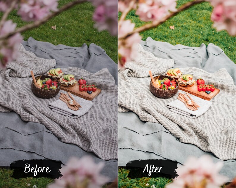 Puede incluir: Una manta de picnic con un taz&oacute;n de fruta, dos s&aacute;ndwiches y una tabla de cortar de madera con m&aacute;s fruta. La manta es gris y tiene una textura de waffle. La fruta es roja y verde. Los s&aacute;ndwiches est&aacute;n en una tabla de cortar de madera. La escena est&aacute; ambientada en un &aacute;rea cubierta de hierba con flores rosas.