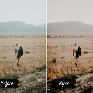 May include: A woman walks across a field of dry grass towards a mountain range in the distance. The sky is a light blue with a few clouds. The woman is wearing a black leather jacket, denim shorts, and brown boots.