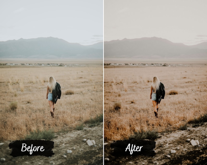 May include: A woman walks across a field of dry grass towards a mountain range in the distance. The sky is a light blue with a few clouds. The woman is wearing a black leather jacket, denim shorts, and brown boots.