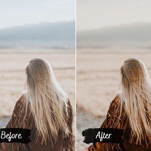 May include: A woman with long blonde hair wearing a brown fringed jacket stands in a field with a mountain range in the background. The image is split into two sections, showing the before and after of a photo edit.