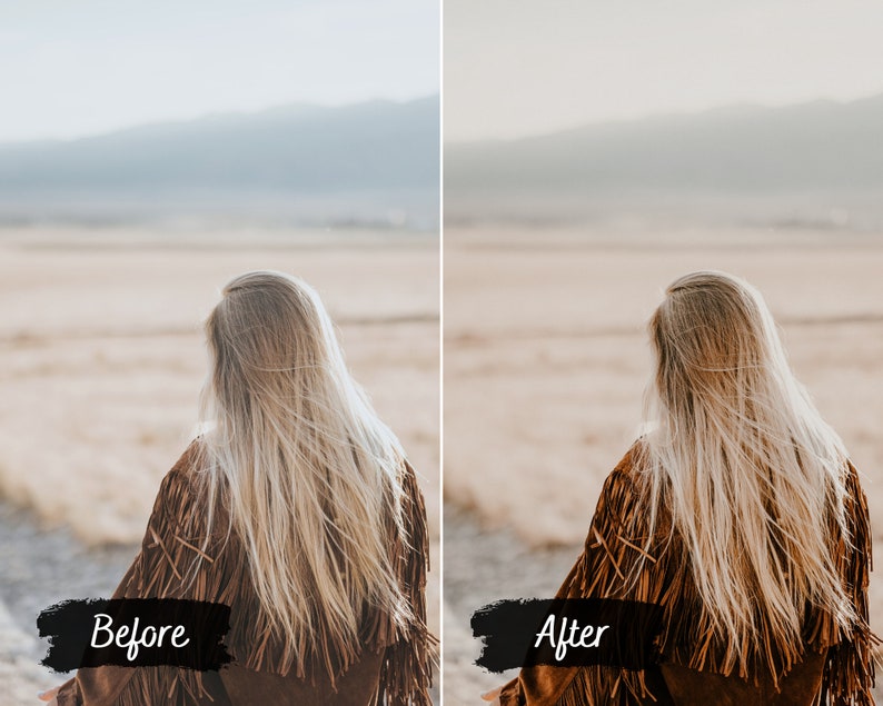 May include: A woman with long blonde hair wearing a brown fringed jacket stands in a field with a mountain range in the background. The image is split into two sections, showing the before and after of a photo edit.
