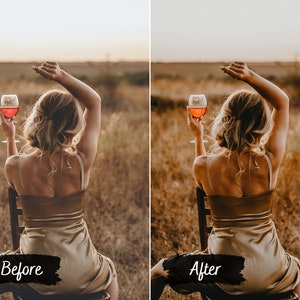 May include: A woman in a gold dress sits on a chair in a field, holding a glass of red wine. The sun is setting in the background.