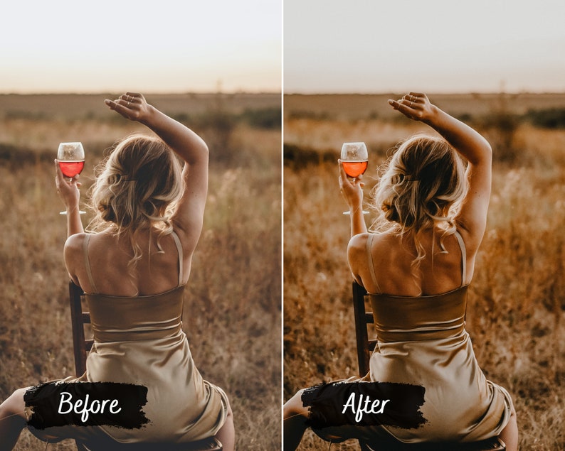 May include: A woman in a gold dress sits on a chair in a field, holding a glass of red wine. The sun is setting in the background.