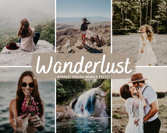May include: A collage of images showcasing a variety of travel destinations. The images include a woman sitting on a rock overlooking a valley, a woman standing in a desert landscape, a couple kissing in a forest, and a waterfall in a lush green forest. The text "Wanderlust" is superimposed over the images.