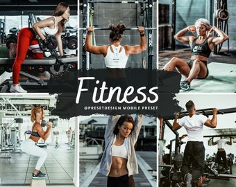 May include: A collage of images featuring people working out in a gym. The images show people lifting weights, doing pull-ups, and working out on other gym equipment. The images are all in a dark, moody style. The text "Fitness @presetdesign mobile preset" is at the bottom of the collage.