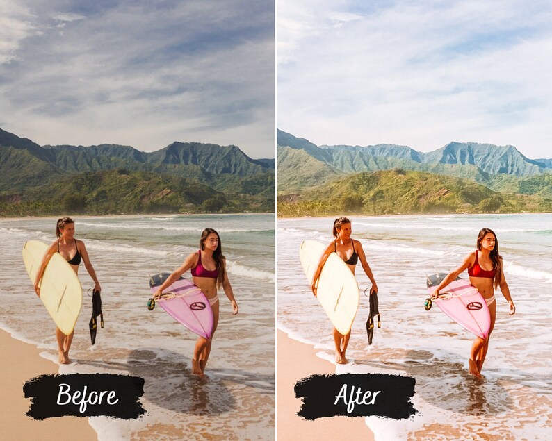 May include: Two people are walking on a beach with surfboards. The person on the left is carrying a yellow surfboard and the person on the right is carrying a pink surfboard. The beach is sandy and there are mountains in the background.