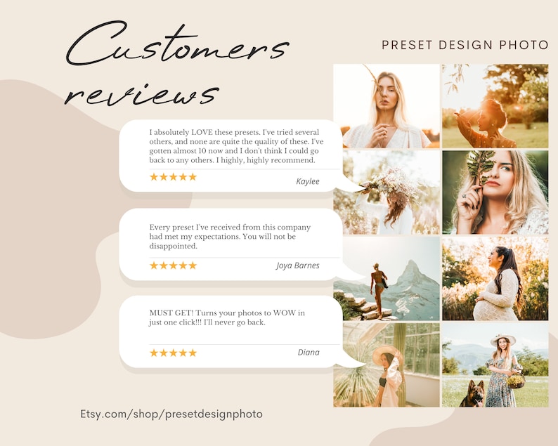May include: A collage of photos showcasing the results of using preset filters for digital photography. The photos feature a variety of subjects, including people, landscapes, and animals. The text "Customers reviews" is at the top of the image, followed by three customer reviews with five-star ratings. The text "Etsy.com/shop/presetdesignphoto" is at the bottom of the image.