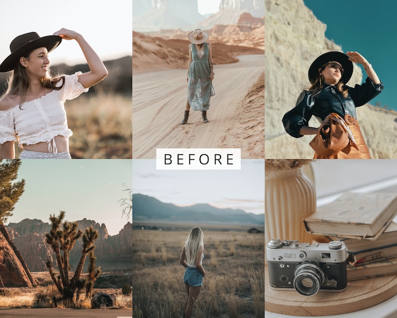 May include: A collage of images featuring different people wearing hats and clothing in various outdoor settings. The images are arranged in a grid pattern with the word "BEFORE" in the center.