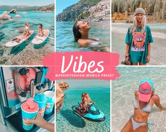 May include: A collage of images featuring people enjoying summer activities, including paddleboarding, swimming, and relaxing on a boat. The images are edited with a vibrant, colorful filter. The text "Vibes @presetdesign mobile preset" is displayed on a pink background.