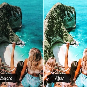 May include: Four friends stand on a cliff overlooking a turquoise ocean and a white sand beach. The cliff is covered in green foliage and the water is clear and blue. The friends are all wearing casual clothing and smiling.