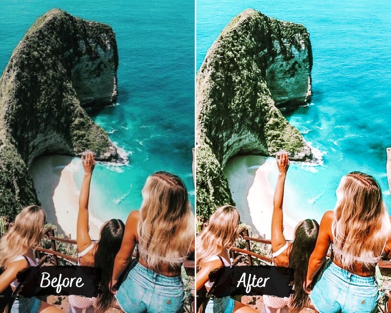 May include: Four friends stand on a cliff overlooking a turquoise ocean and a white sand beach. The cliff is covered in green foliage and the water is clear and blue. The friends are all wearing casual clothing and smiling.
