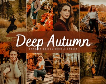 Op de afbeelding: Een collage van afbeeldingen met herfstscènes, waaronder een vrouw in een rode trui, een vrouw in een bruin jack, een vrouw in een wit shirt en een bruin jack, een vrouw in een wit shirt en een blauwe jeans, een jongen in een bruin jack en een vrouw in een bruin jack. De afbeeldingen zijn allemaal tegen een achtergrond van herfstbladeren en pompoenen. De tekst "Deep Autumn" is over de afbeeldingen gelegd.
