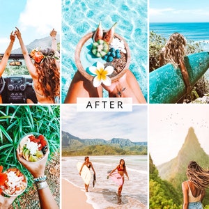 May include: A collage of images featuring tropical landscapes, beaches, and people enjoying the outdoors. The images include a woman in a car, a woman holding a bowl of fruit, a woman surfing, and a woman standing on a mountaintop.