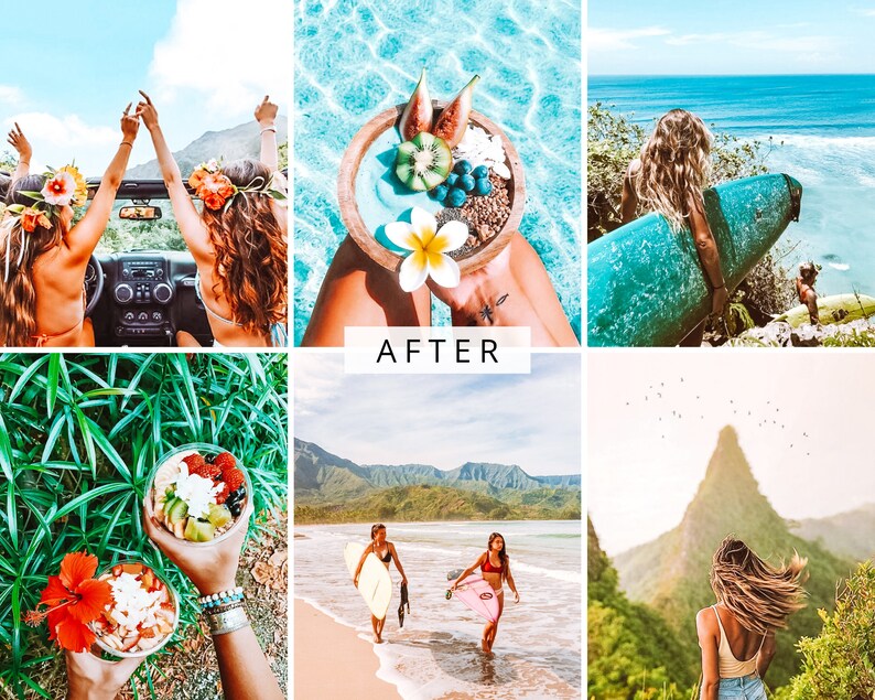May include: A collage of images featuring tropical landscapes, beaches, and people enjoying the outdoors. The images include a woman in a car, a woman holding a bowl of fruit, a woman surfing, and a woman standing on a mountaintop.